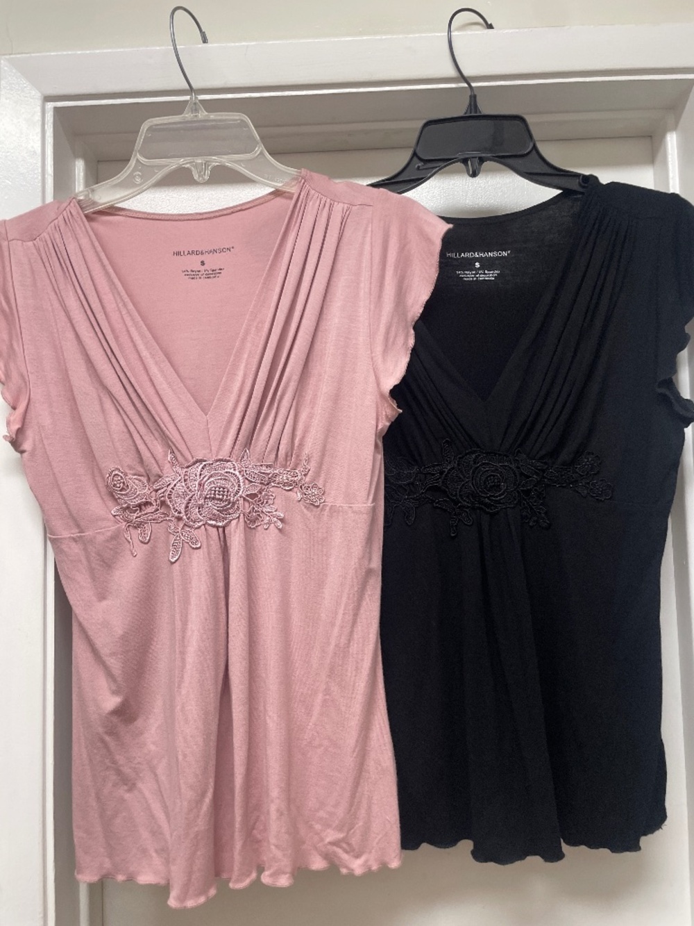 (2) Hillard & Hanson Deep V Tops with Embroidered Trim
